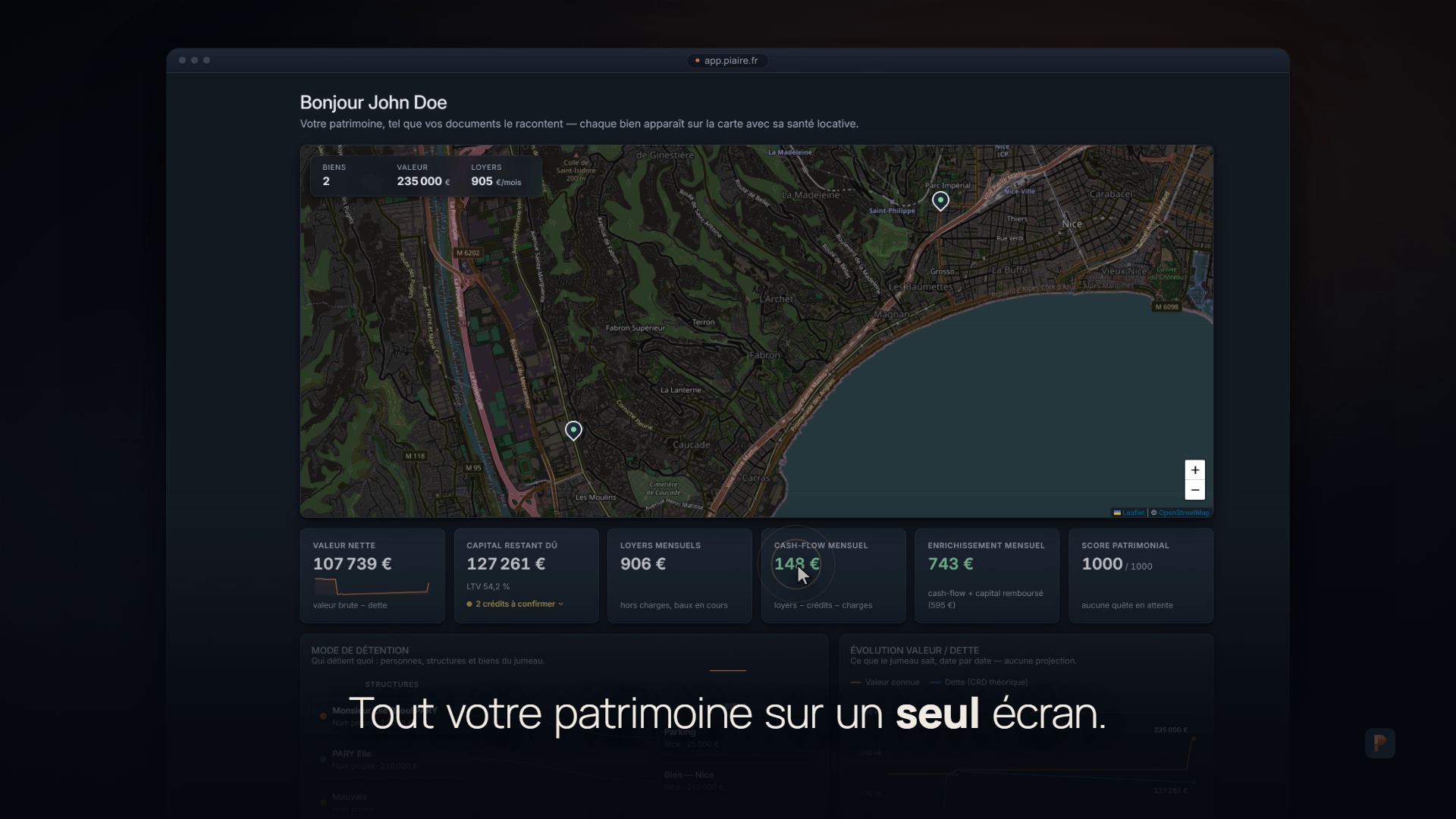Le tableau de bord de PIAIRE : la carte des biens sur Nice, la valeur nette, le capital restant dû, les loyers et le cash-flow mensuel.